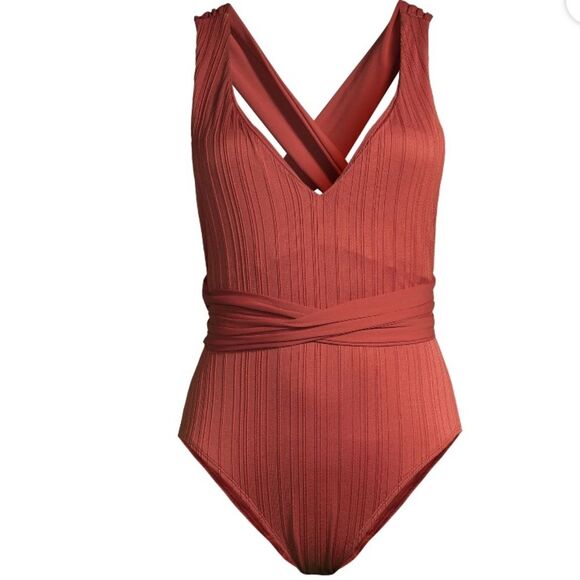 Time and Tru Women's Rusty Brick Wrap One-Piece Swimsuit with Tie Waist Size XL - Picture 2 of 8